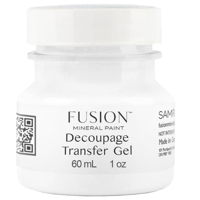 60mL jar of Fusion Mineral Paint Decoupage & Transfer Gel with white label and black text.