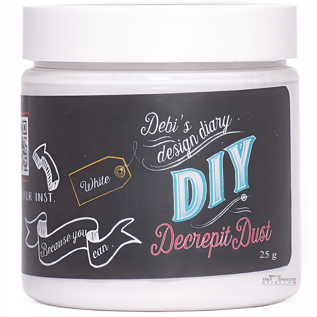 DIY Paint Co. Decrepit Dust 25g antiquing powder in white plastic jar with black label and pastel lettering.