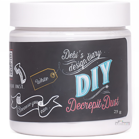 DIY Paint Co. Decrepit Dust 25g antiquing powder in white plastic jar with black label and pastel lettering.