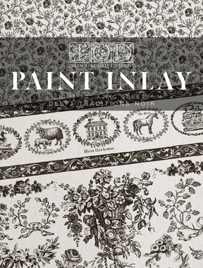 Delft Traditions Noir Paint Inlay by I.O.D. with black and white florals, animals, and Iron Orchid Designs text.