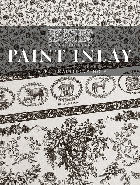 Delft Traditions Noir Paint Inlay by I.O.D. with black and white florals, animals, and Iron Orchid Designs text.