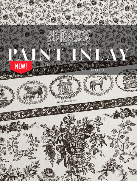 IOD Delft Traditions Noir Paint Inlay with black and white floral and house designs, Iron Orchid Designs new release.