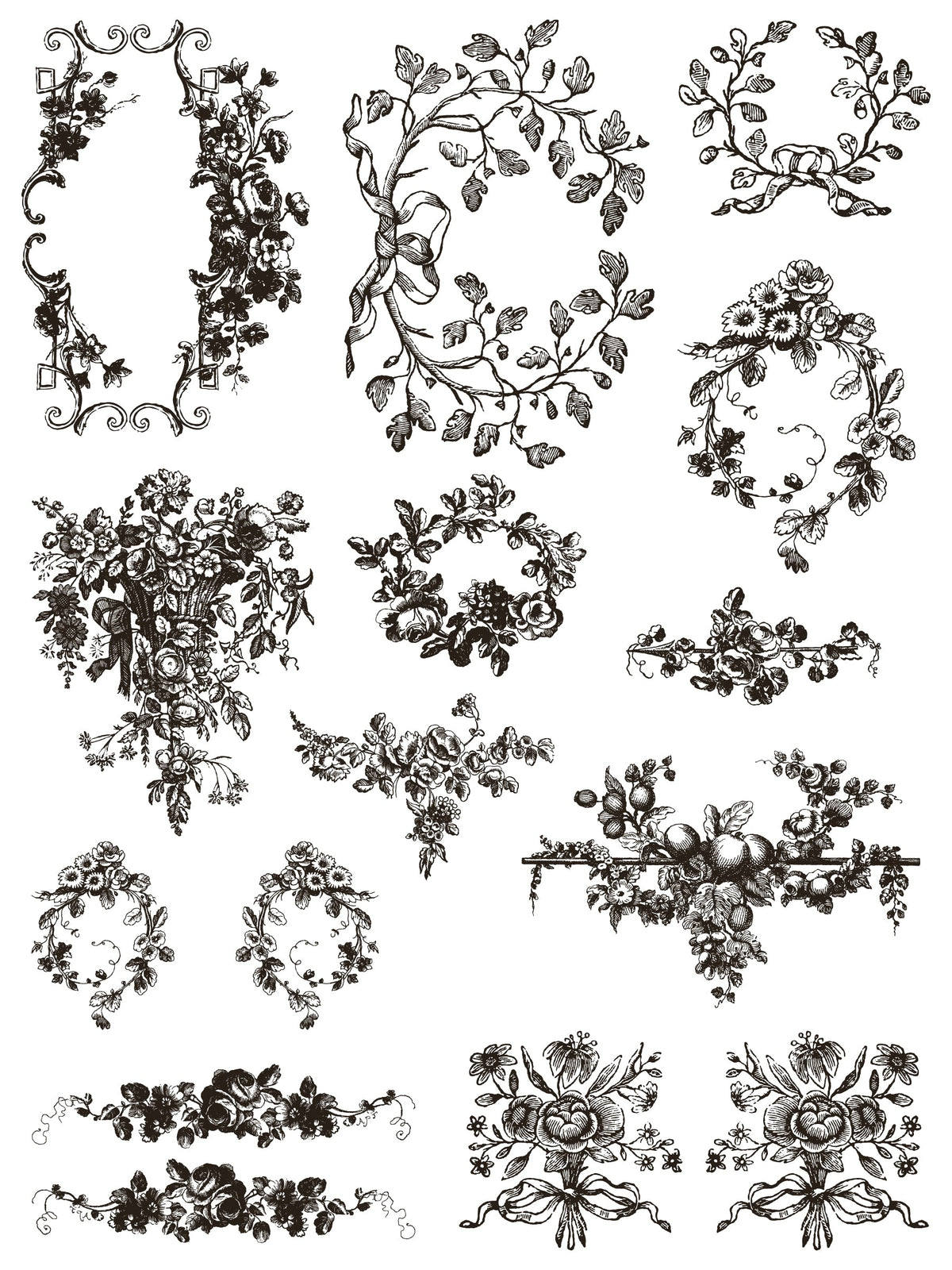 Delft Traditions Noir Paint Inlay by IOD featuring elegant botanical frames, designed for white backgrounds.