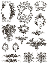 Delft Traditions Noir Paint Inlay by IOD featuring elegant botanical frames, designed for white backgrounds.