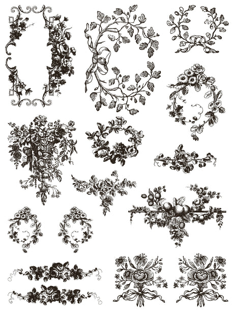 Delft Traditions Noir Paint Inlay by IOD featuring elegant botanical frames, designed for white backgrounds.