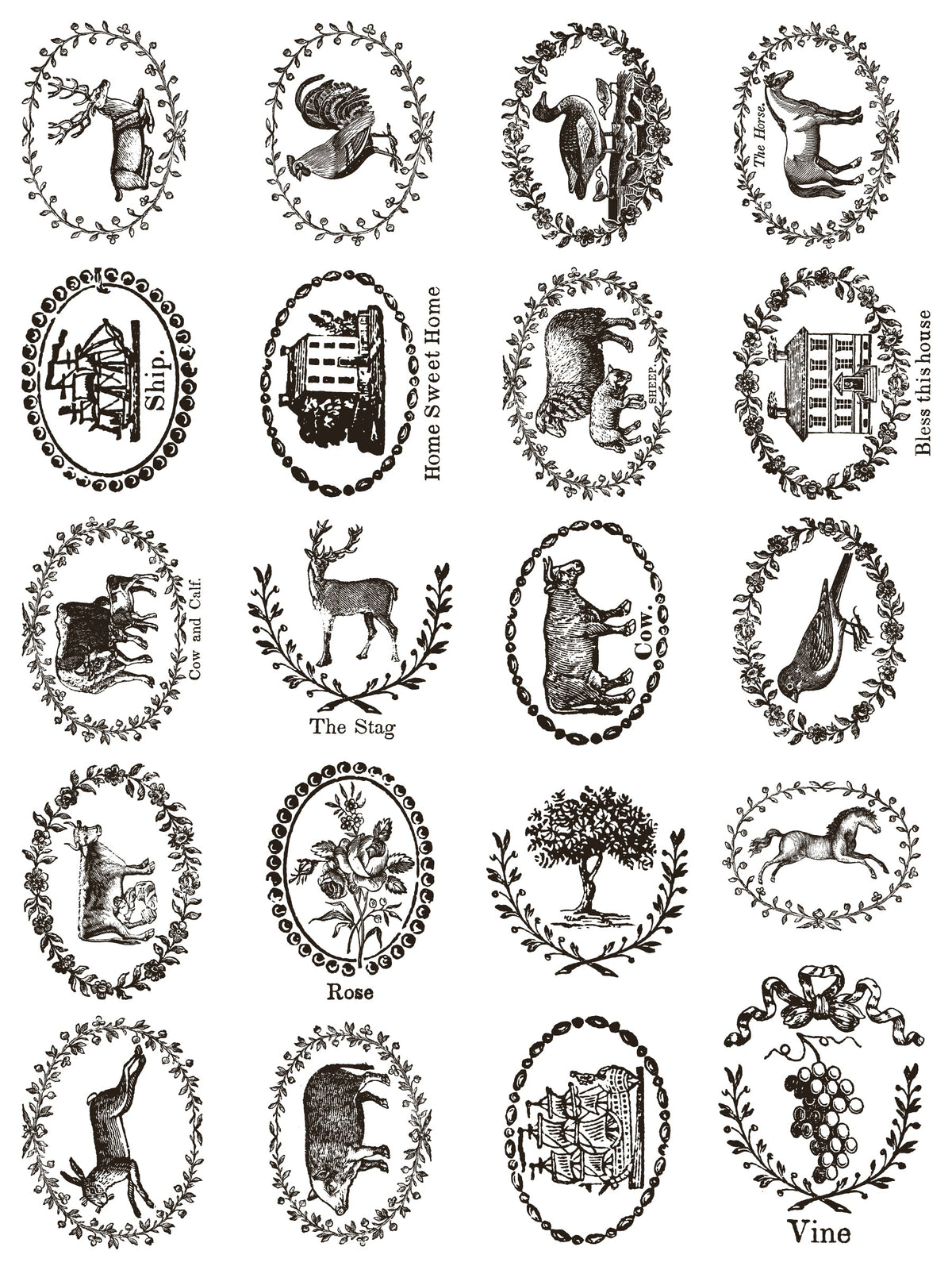 Delft Traditions Noir Paint Inlay by IOD, set of 20 vintage black and white oval designs for paint inlays.