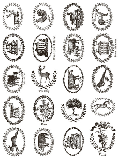Delft Traditions Noir Paint Inlay by IOD, set of 20 vintage black and white oval designs for paint inlays.