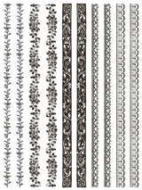 Eight vertical borders with I.O.D. Delft Traditions Noir Paint Inlay, floral and geometric lace motifs.