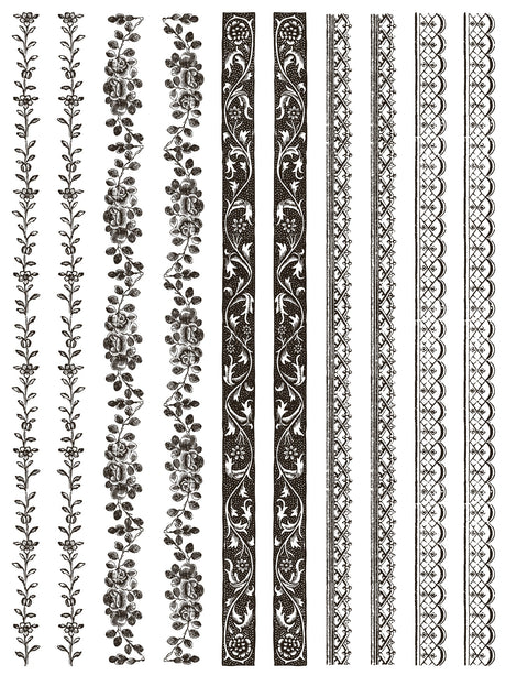 Eight vertical borders with I.O.D. Delft Traditions Noir Paint Inlay, floral and geometric lace motifs.