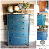 Tall blue dresser painted in Old Fashioned Milk Paint Denim; includes images of dressers in other colors.