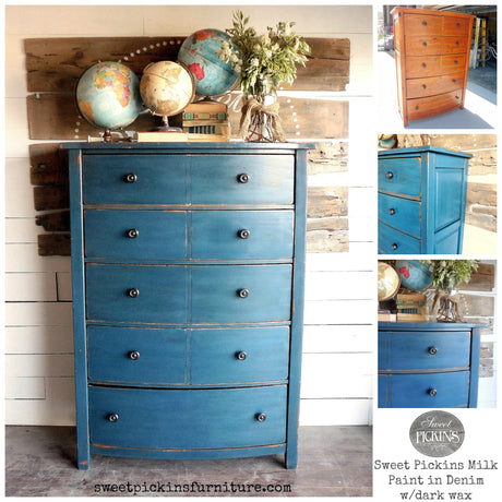 Tall blue dresser painted in Old Fashioned Milk Paint Denim; includes images of dressers in other colors.
