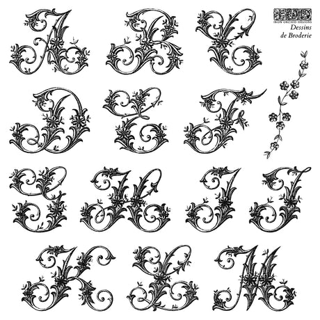 Dessins de Broderie Labels Mini Stamp by I.O.D.—set of 16 ornate letter stamps with floral accents on white background.