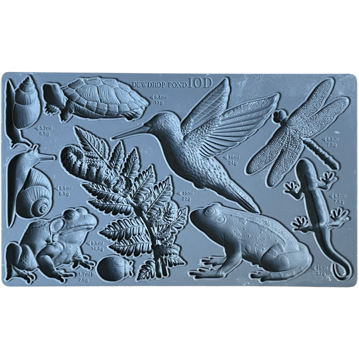I.O.D. Dewdrop Pond Mould with pond animals, insects, plants, and cavity measurement markings.