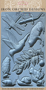 IOD Dewdrop Pond Mould with raised designs of a hummingbird, dragonfly, frog, turtle, snail, and leaves.