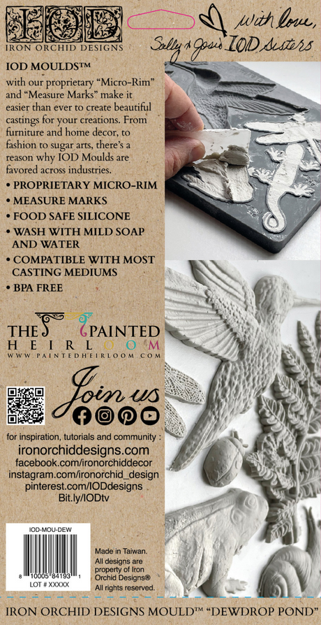 I.O.D. Dewdrop Pond Mould by Iron Orchid Designs, packaging shown with contact info and highlighted features.