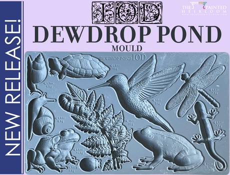IOD Dewdrop Pond Mould by Iron Orchid Designs with raised animals, plants, insects, dragonfly, and hummingbird.