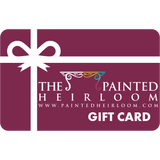 Maroon Digital eGift Card by The Painted Heirloom with white ribbon, website, and painted table logo on front.