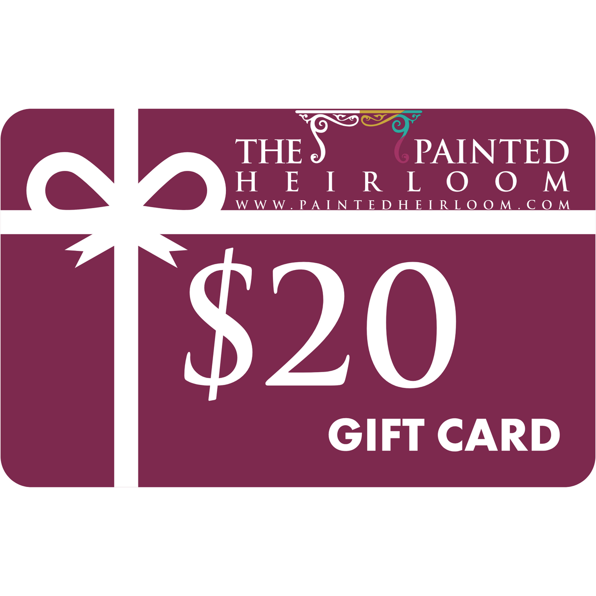 The Painted Heirloom Digital eGift Card with a white ribbon on a maroon background.