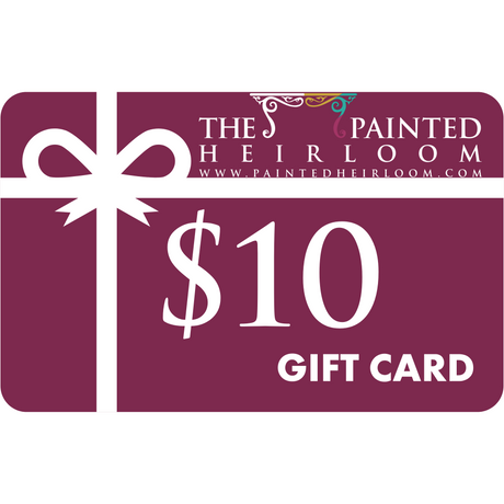 $10 maroon Digital eGift Card with white bow, The Painted Heirloom logo and website at the top.