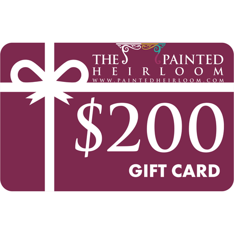 The Painted Heirloom $200 Digital eGift Card with maroon background and white bow on the front.