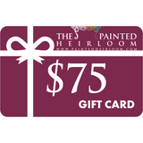 $75 Digital eGift Card for The Painted Heirloom, maroon with white bow and website.