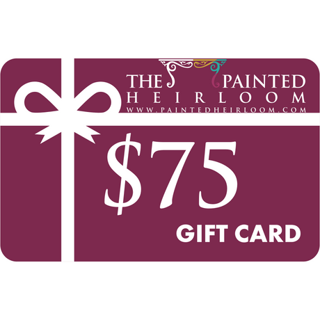 $75 Digital eGift Card for The Painted Heirloom, maroon with white bow and website.