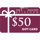 The Painted Heirloom $50 Digital eGift Card with white bow and logo on maroon background.