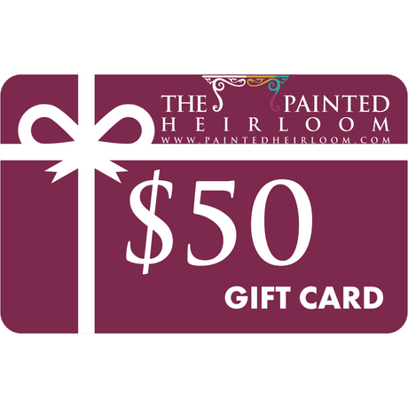 The Painted Heirloom $50 Digital eGift Card with white bow and logo on maroon background.