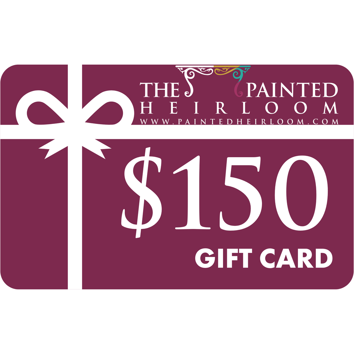 The Painted Heirloom Digital eGift Card with a white ribbon on a maroon background.