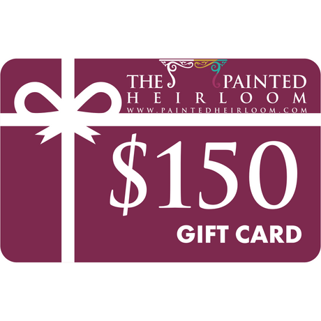 The Painted Heirloom Digital eGift Card with a white ribbon on a maroon background.