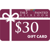 The Painted Heirloom Digital eGift Card, maroon with white ribbon graphic and website URL.