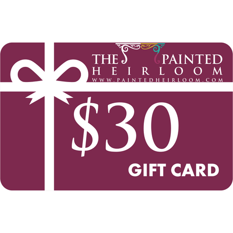 The Painted Heirloom Digital eGift Card, maroon with white ribbon graphic and website URL.