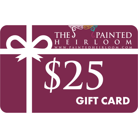 The Painted Heirloom $25 Digital eGift Card with white ribbon on maroon background.