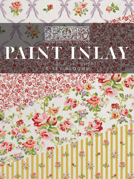 Layered floral and striped fabrics with crisp white I.O.D. Ditsy Blooms Paint Inlay by Iron Orchid Designs text.