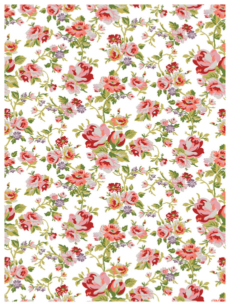IOD Ditsy Blooms Paint Inlay with red, pink, and green vintage flower pattern on white by Iron Orchid Designs.