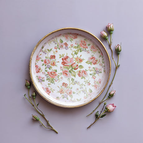 Floral plate with gold rim, bordered by I.O.D. Ditsy Blooms Paint Inlay rosebuds on a light purple background.