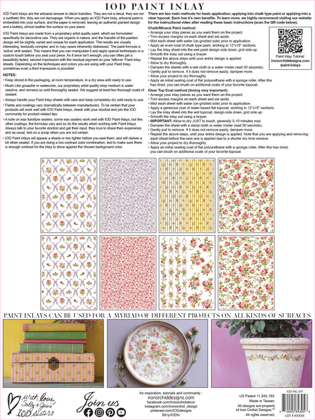 I.O.D. Ditsy Blooms Paint Inlay product sheet with project ideas and tips from Iron Orchid Designs.