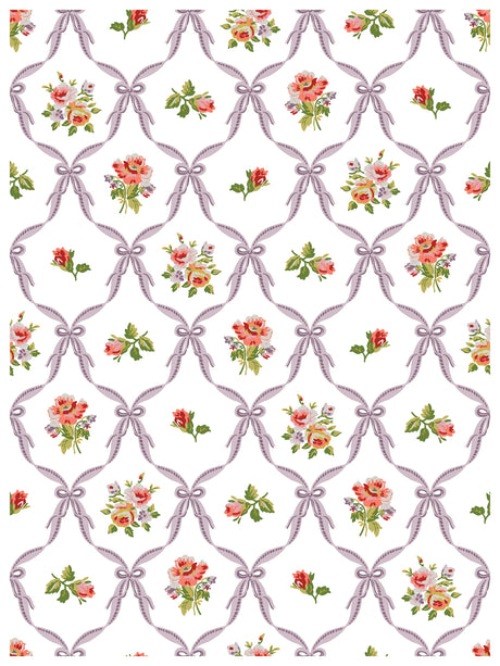 Pink bows form diamond shapes around IOD Ditsy Blooms roses and green leaves, resembling a paint inlay pattern.