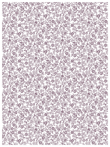 Purple Ditsy Blooms by I.O.D. floral and leaf pattern repeating on white Paint Inlay background.