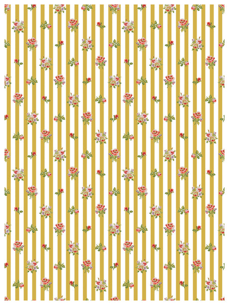 Vertical yellow stripes with I.O.D. Ditsy Blooms—tiny pink and red flowers—IOD-inspired paint inlay pattern.