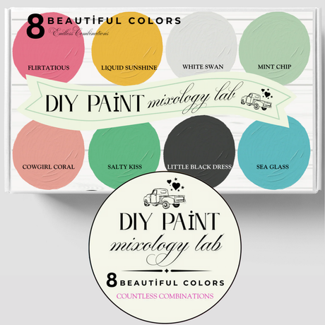 DIY Paint Co. DIY Mixology Lab Paint 8-Color Sampler Box with central mixology lab feature, designed for furniture use.