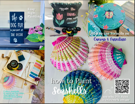 DIY Mixology Lab Paint 8-Color Sampler Box by DIY Paint Co. shown with brushes, signs, and seashell art.