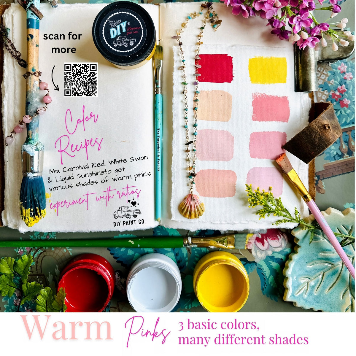 DIY Paint Co. Mixology Lab 8-Color Sampler Box (2025 Spring Limited) with open jars, brushes, and notebook.