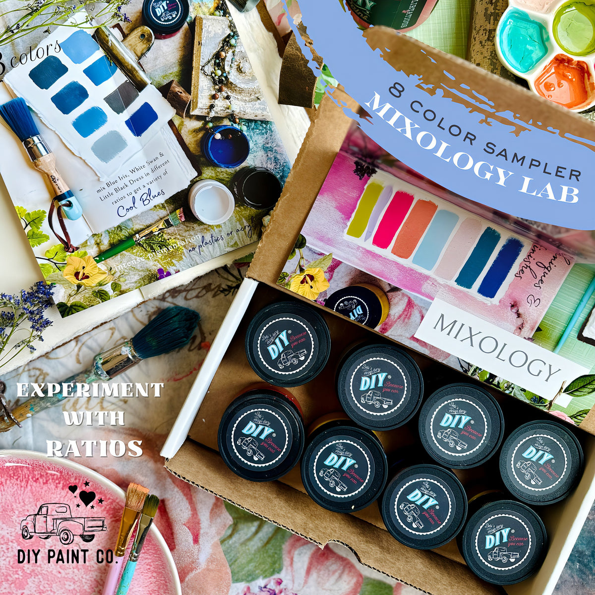 DIY Paint Co. Mixology Lab 8-Color Sampler Box with jars, swatches, and brushes for Spring/Easter projects.