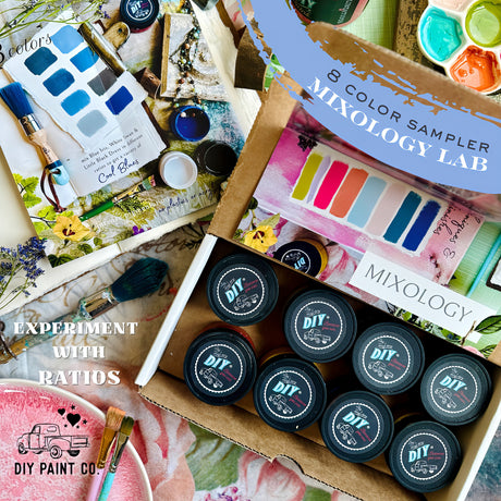 DIY Paint Co. Mixology Lab 8-Color Sampler Box with jars, swatches, and brushes for Spring/Easter projects.