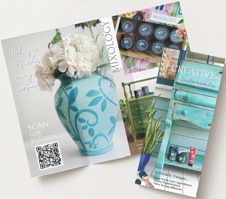 Brochure pages showing painted furniture, a blue floral vase, DIY Paint Co. 8-Color Sampler Box, and QR code for tutorials.