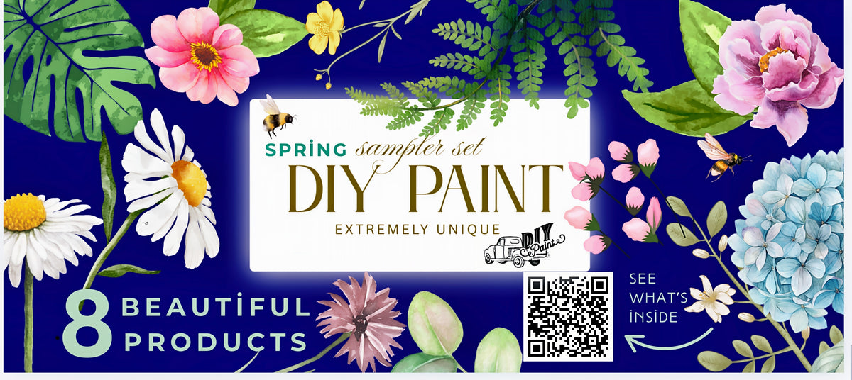 DIY Paint Co. 2026 Spring/Easter Lab Sampler Box with 8 paint colors, floral and bee art, and QR code.