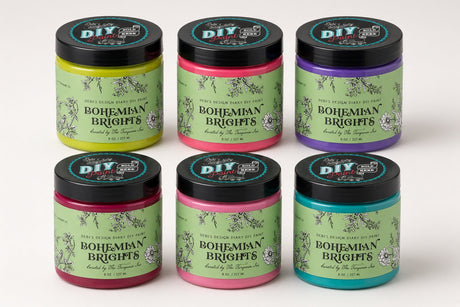 Six Bohemian Brights jars by DIY Paint Co. displayed in two rows, showcasing different colors.
