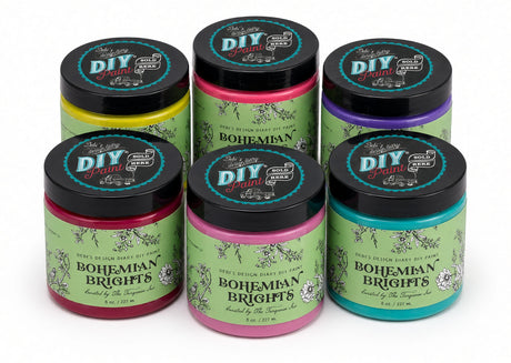 Six Bohemian Brights jars by DIY Paint Co. arranged in two rows.