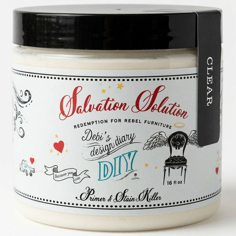 A jar of DIY Salvation Solution Primer & Stain Killer by Debi's Design Diary, featuring a white label with red and blue text, a black lid, and a black vertical tag labeled 'CLEAR'.